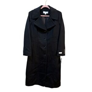 Anne Klein Over Coat Black Cashmere Wool Blend Lined Long Button Collared Size 8